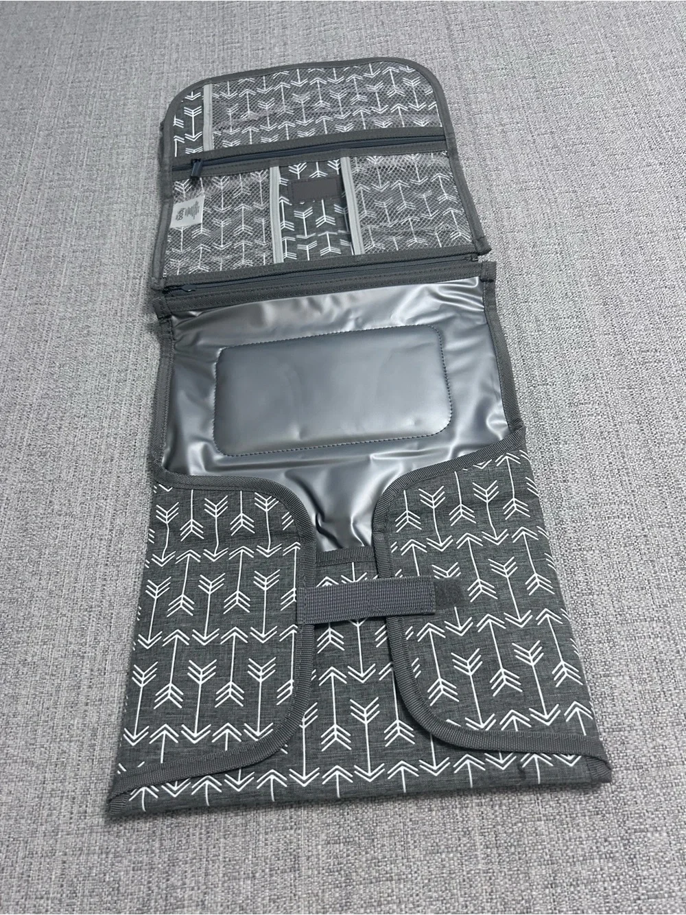 Grey & White Arrow Foldable Portable Changing Pad for Baby with Secure Buckle.